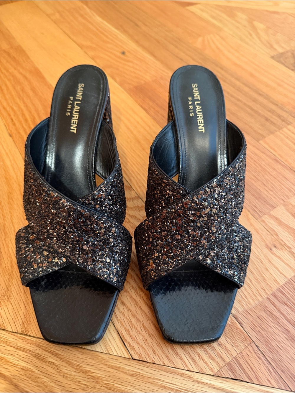 Saint Laurent Black Glitter Crisscross Slide Sandals